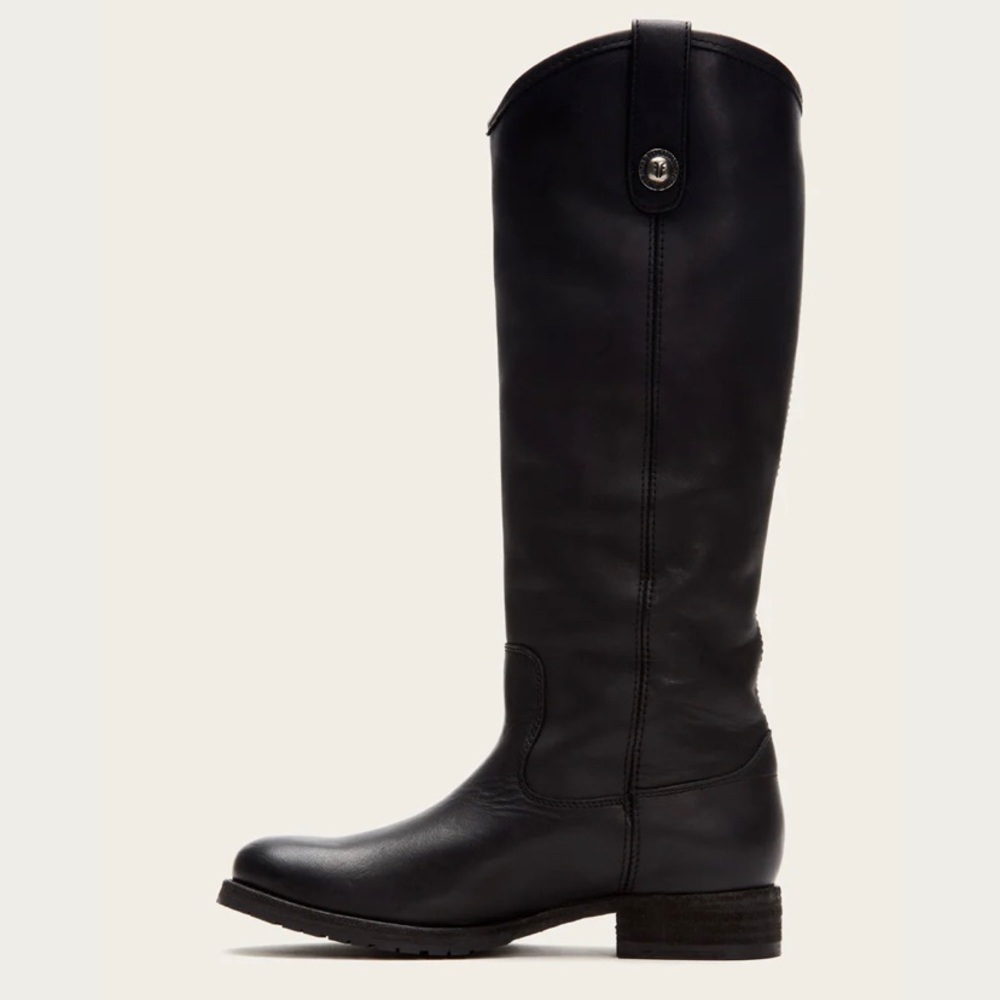 Frye Melissa Button knee high tall pull on black leather boots - size 8.